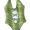 Women's One Piece Bikini Snake Print / Solid Halter Low Cut Cutout Design Slim Fit Summer Swimsuit. 