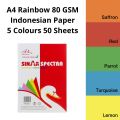 A4 Rainbow 50 Sheets Pack with 5 Colours 80 GSM Indonesian Colour Photocopy Papers. 