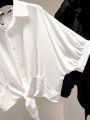 Black, Short Sleeve Shirt Women's Summer Waist-Controlled White Chiffon Shirt High-Grade Niche Batwing Sleeve Short Top. 