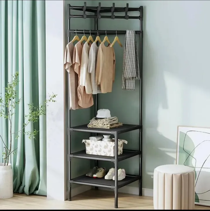 Multi-Function Corner Coat Rack, Floor Stationary Clothes Hanger Shelves, Removable Metal Clothes Storage Shelves, Hanging Shelf Bedroom Standing Corner Coat Rack Easy Assembly Portable Clothes Rack Furniture Storage Rack