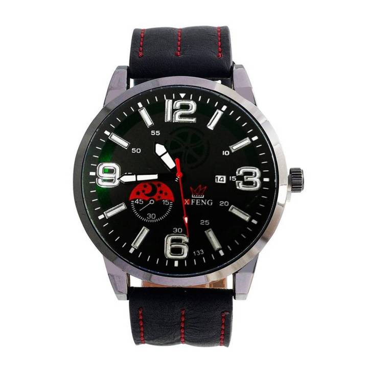 XFNG Luxury Leather Band Date Wrist Watch -  Black
