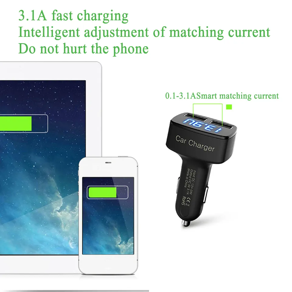 4-in-1 Dual USB Car Charger With LCD Volt Meter - 5V 3.1A Fast Charging For Phones & Devices