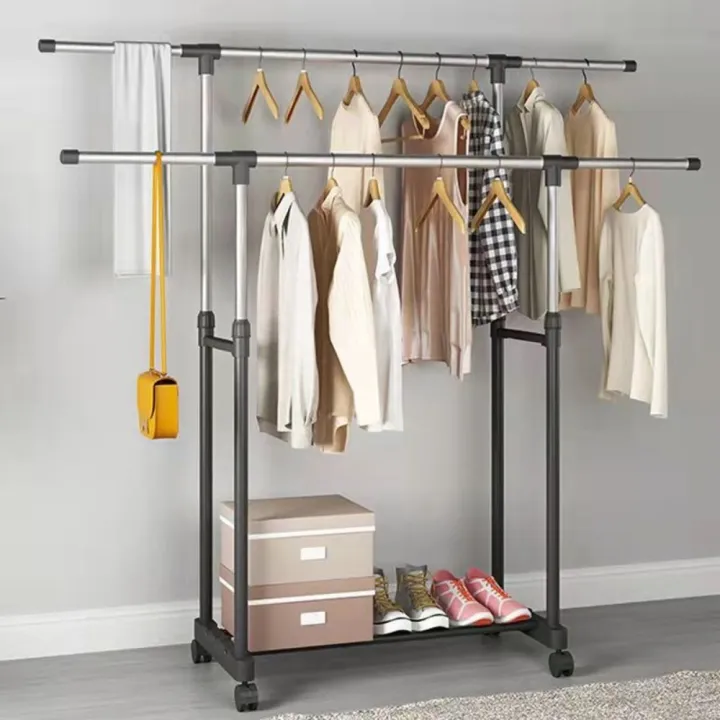 Heavy Duty Retractable Floor Clothes Rack Double-Rod Adjustable Length ...