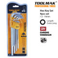 Allen Key Wrench Set - 9 Pcs - CRV - Extra Long - Hex - (1.5 -10 mm) - TOOLMAK. 