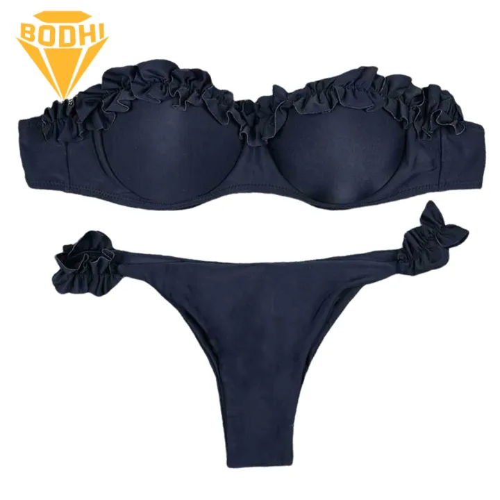 Two-piece Swimsuit Flirty Ruffle Trim Bikini Set with Push Up Bra Trendy Split Design Swimsuit for Women Mid-rise Briefs Bathing Suit 2pcs/set