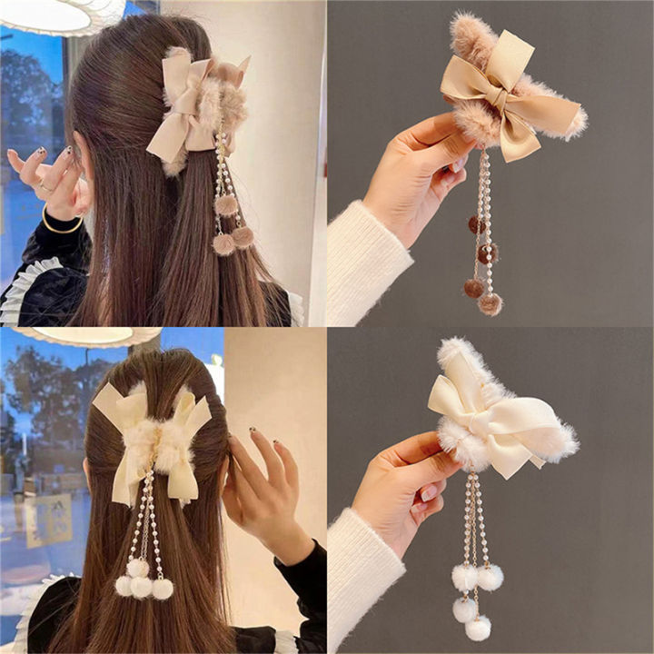 Fashion Women Soft Plush Bow Tassel Hair Claw Clips Elegant Hair Clips Headwear Mystic