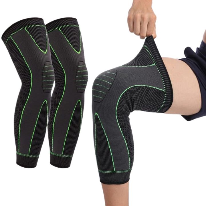 1PCS Long Knee Supporter, Lengthen Sports Knee Support Leg Protector Leggings Long Green Stripe Bandage Knee Pads Non Slip Knee Warm Guard Sleeve