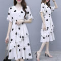 bellylady Women Cotton di Dress V-neck Polka Dot High Waist Irregular Short Ruffle Sleeves Summer Dress. 