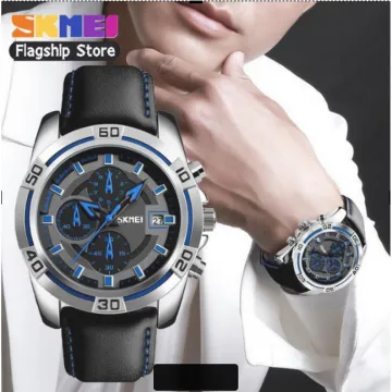 SKMEI Sports Quartz Clock Soft Real Leather Chronograph Waterproof Watch For Men 9156