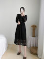 Yfashion French Style Lace Dress For Women Cotton Elegant Long Sleeves V Neck A-line Skirt Solid Color Mid-length Dress. 