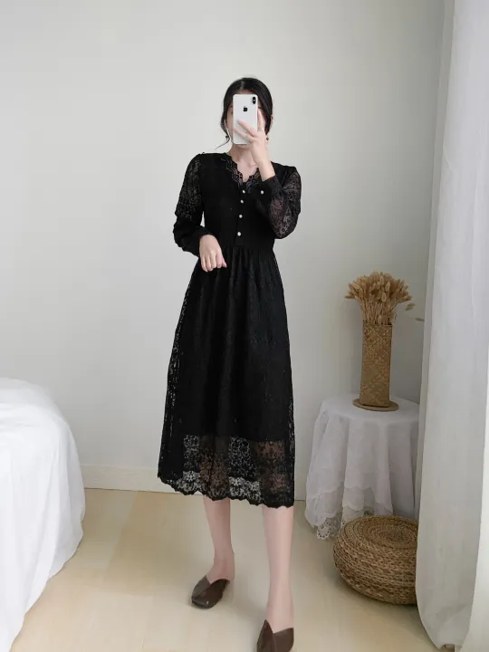 Yfashion%20French%20Style%20Lace%20Dress%20For%20Women%20Cotton%20Elegant%20Long%20Sleeves%20V%20Neck%20A-line%20Skirt%20Solid%20Color%20Mid-length%20Dress%20-%20Image%208