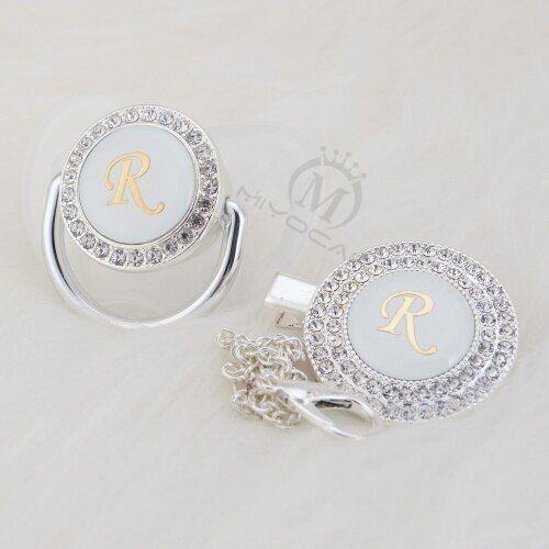 MIYOCAR silver Initial letter R elegant bling pacifier and pacifier clip BPA free bling ideal gift SGS pass LR-1
