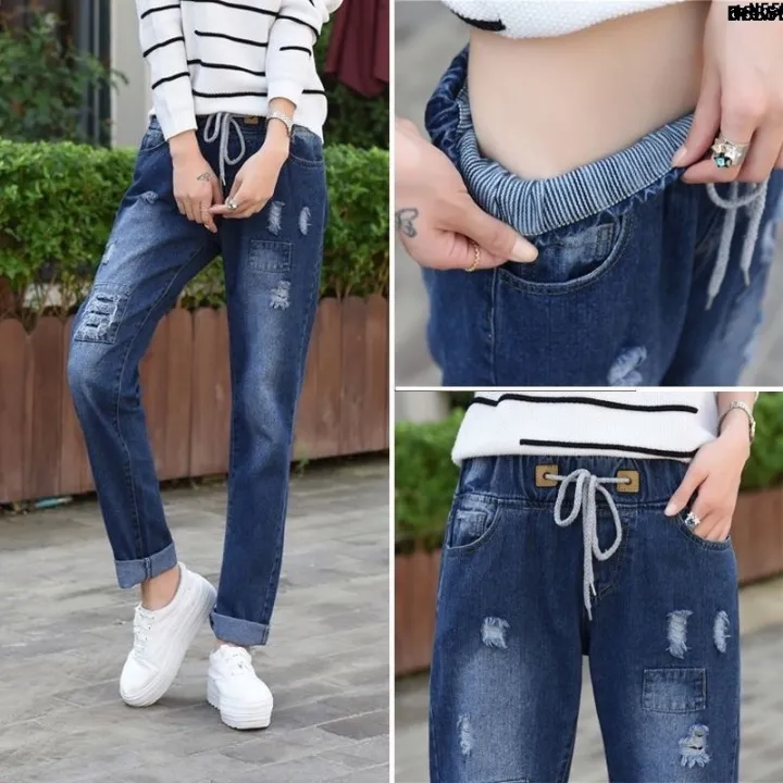 Waist%20Ripped%20%E2%80%B2%20White%20Loose%20Pants%20%EF%B9%89%20Kuanxue%20Korean%20Fashion%20Denim%20Ninth%20Points%20%E2%80%A6%20Pants%20%EF%B8%B9%20Women's%20Drawstring%20Pants%20Spring%20and%20Autumn%20Tight%20%7B%20-%20Image%203