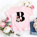 26 Black English Letters ABCD Flower Cartoon Print Children's Round Neck Short Sleeve Boys and Girls Pink T-shirt. 