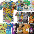 New style fashion short-sleeved anime Pokemon Pikachu floral print T-shirt summer round neck casual loose kids size shirt 3-14t. 
