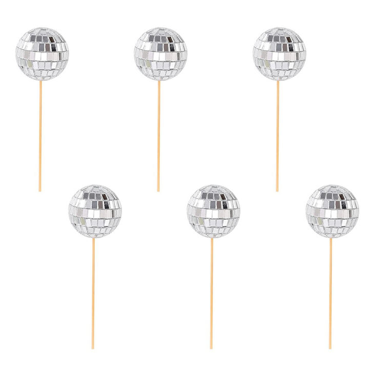 6Pcs Cake Insert Creative Exquisite Smooth Surface Shiny Decorate Mirror Disco Ball Cupcake Pick Party Supply