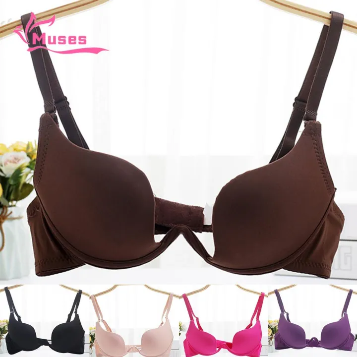 Muses Mall Women Girl Deep-U Low Cut Solid Color Backless Padded Bra Push-Up Underwear
