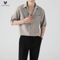 ACHS AWAKE Short-Sleeved Shirt Men's Spring and Summer Ruoshuai High-Grade Korean Style Trendy Casual Ice Silk 3/4 Sleeve Shirt. 
