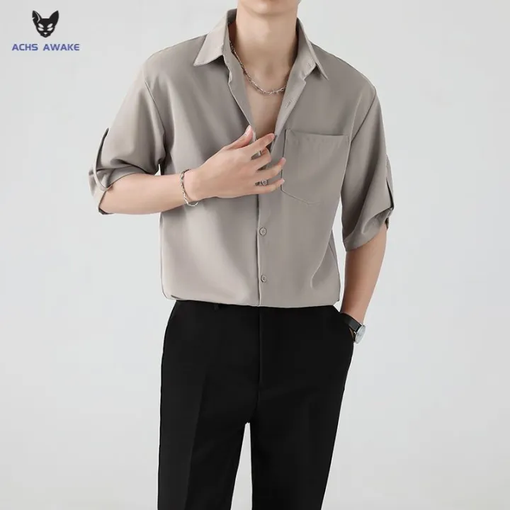 ACHS%20AWAKE%20Short-Sleeved%20Shirt%20Men's%20Spring%20and%20Summer%20Ruoshuai%20High-Grade%20Korean%20Style%20Trendy%20Casual%20Ice%20Silk%203/4%20Sleeve%20Shirt%20-%20Image%209