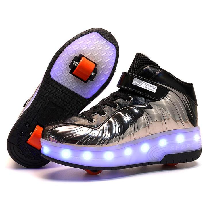 【BestGO】New Fashion USB Charge Colorful LED Children Kids Fashion Sneakers with Two Wheels Roller Skate Shoes Boys Girls Shoes Blue Pink Size 29-40