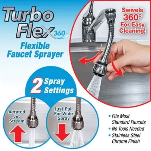 Turbo Flex 360 Flexible Faucet Sprayer Water Extender; 6.5 x 1.5"x 1.5"; Silver"