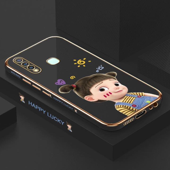 ZeroQiQi for Vivo Y19 Back Cover Cute Girl Luxury 6D Plating Case Side Pattern Soft Silicone Square Mobile Phone Cases + Free Lanyard