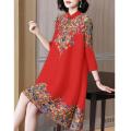 bellylady Women Cotton Improved Cheongsam Dress Vintage Printing Buckle Midi Skirt Loose Plus Size Chinese Style Stand Collar Dress. 