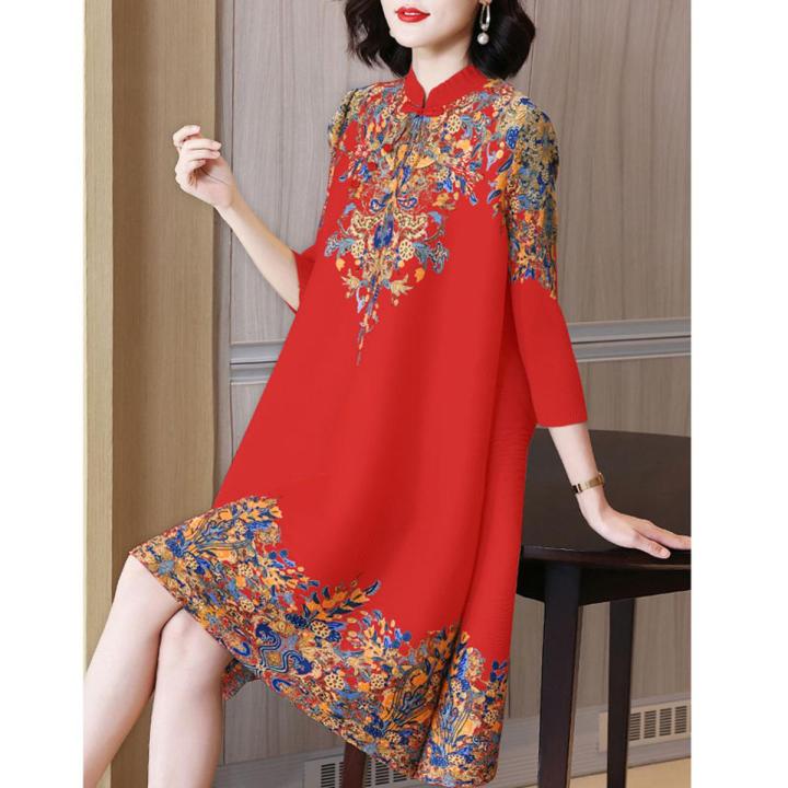 bellylady Women Cotton Improved Cheongsam Dress Vintage Printing Buckle Midi Skirt Loose Plus Size Chinese Style Stand Collar Dress Daraz.lk