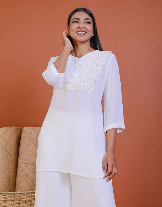 Spring and Summer White Georgette Lace Work Kurtha