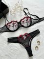 Floral Embroidery Lingerie Set, Mesh Unlined Bra & Mesh Panty, Women's Lingerie & Underwear. 
