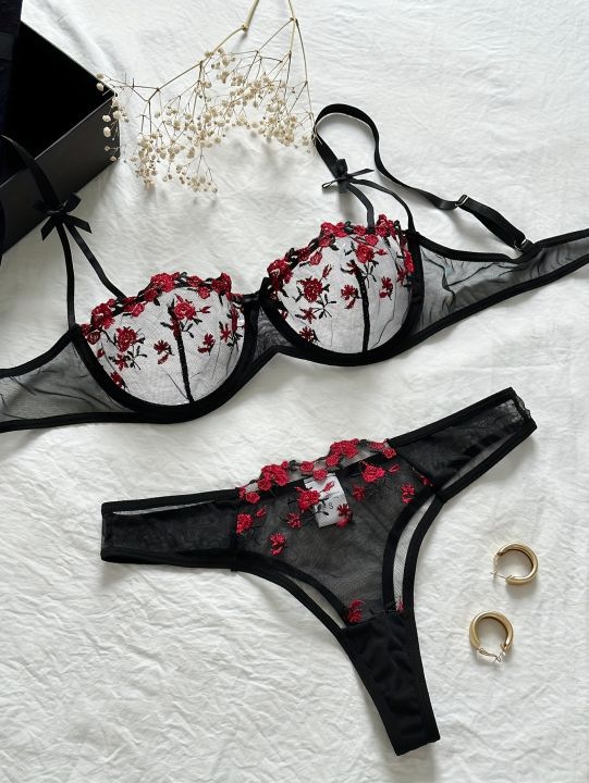 Floral Embroidery Lingerie Set, Mesh Unlined Bra & Mesh Panty, Women's Lingerie & Underwear