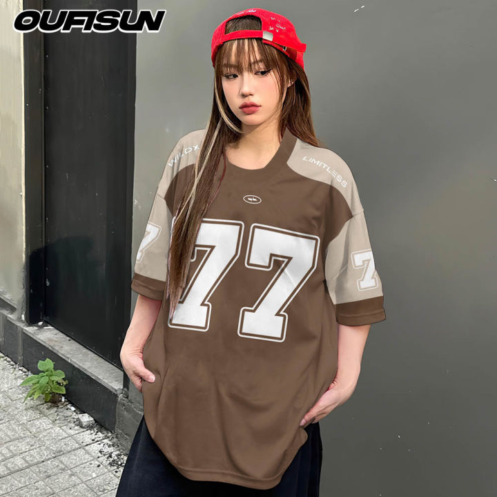 Womens T-shirt Short Sleeve Number 77 Retro Sports Jersey Plus Size Crew Neck Top 3D Printed Street Popular Clothes