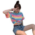 2023Summer New Korean Style Rainbow Striped Loose TopinsOnline Influencer Fashion Girl Short SleeveTT-shirt-. 