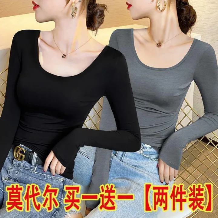 Black%20Modal%20Long%20Sleeve%20T%20Women's%20T-shirt%202024%20New%20Spring%20and%20Summer%20U%20Collar%20Slim-Fitting%20T-shirt%20Low-Necked%20Underwear%20Blouse%20Top%20-%20Image%203