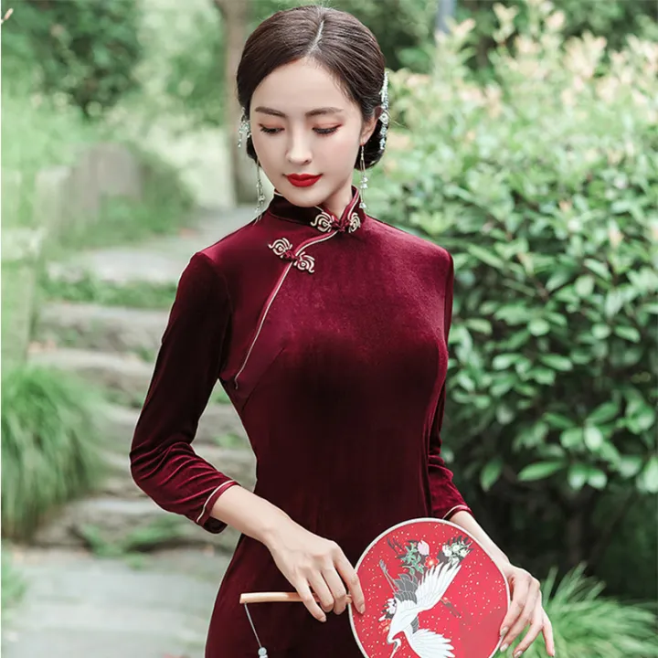 bellylady%20Women%20Cotton%20Velvet%20Cheongsam%20Dress%20Elegant%20Slim%20Fit%20Stand%20Collar%20Fashion%20Retro%20Solid%20Color%20Large%20Size%20Cheongsam%20-%20Image%202