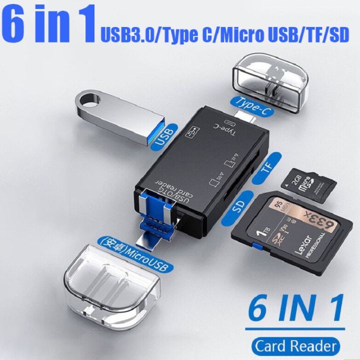 6 in 1 Memory Card Reader with USB 3.0 Type C/USB/Micro USB/TF/SD Memory Card Reader OTG Card Slot Multi Adapter & Converters Data Transfer