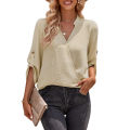 Yfashion Women V-neck Shirt Casual Long Sleeves Loose Tops Simple Solid Color Pullover Tops For Date Party Beach. 