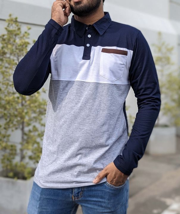 Navy Blue White L Gray Three Tone Long-Sleeve Polo T-Shirt for MEN - INFYNITI