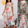 Women Long Dress Floral Print A-line Midi Dress with Pockets for Women Plus Size Summer Dress with Soft Fabric Breathable Design Stylish O Neck Short Sleeves Lady Midi Dress for Fashionistas Floral. 