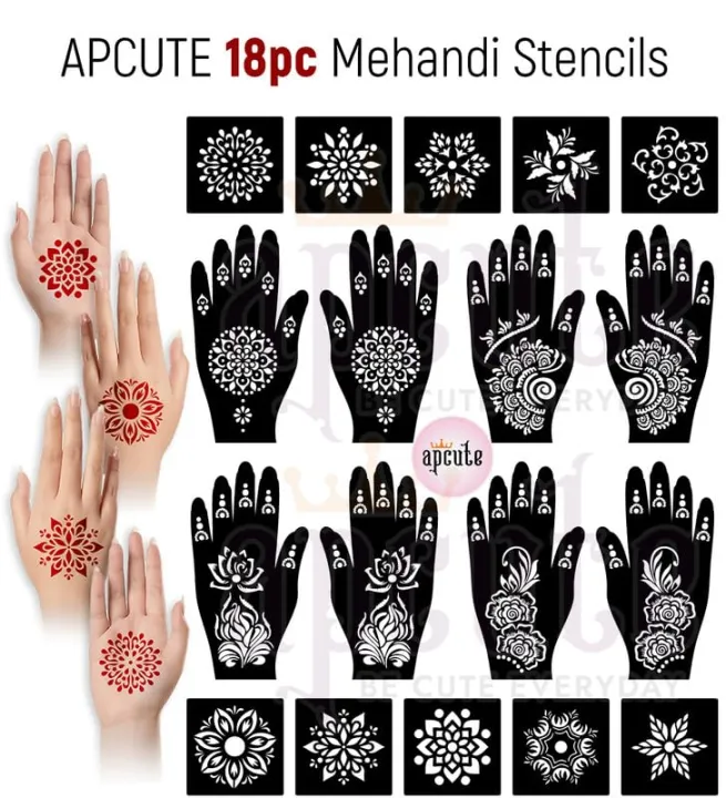 Apcute%20Temporary%20Mehndi%20Tattoo%20mehendi%20stencil%20reusable%20Set%20of%2018%20pc%20Combo%20Pack%20Mehandi%20Stencils%20for%20Women,%20Girls%20And%20Kids,%20Easy%20To%20Use%20In%20Just%204%20Steps%20%20(FROM%20INDIA)%20-%20Image%202