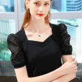 Yfashion Women Cotton Blouse Ice Silk V Neck Plus Size Shirt Loose Fashion Casual Puff Short Sleeve Pullover Tops color. 