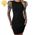 Long Sleeve Women Dress Sheath Dress with Mesh Petal Applique for Office Party Slim Fit Round Neck Long Sleeves High Waist Mini Dress for Women Spring Summer Fashion Women Round Neck Dress. 