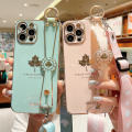 For iPhone 8 Plus / iPhone 7 Plus Back Cover with Lanyard + Wristband Fashion Shiny Maple Leaf Plating Bumper Stand Holder Case Camera Protection Soft Silicone Mobile Phone Cases. 