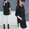 Yfashion Women Cotton Shirt Solid Color Lapel Long Sleeve Slim Fit Top Mid-length Cardigan T-shirt color. 