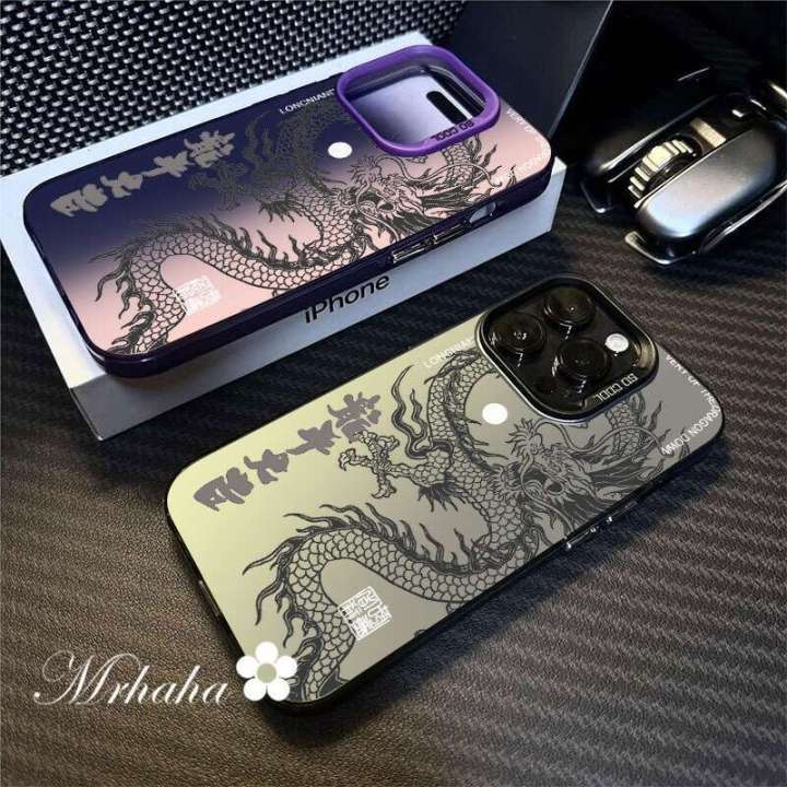 Casing for iPhone 11 12 13 14 15 Pro 7 8Plus Max X Xs Xr Chinese Dragon Double Film Covering Lens Frame Anti Drop Phone Case Protection Back Cover