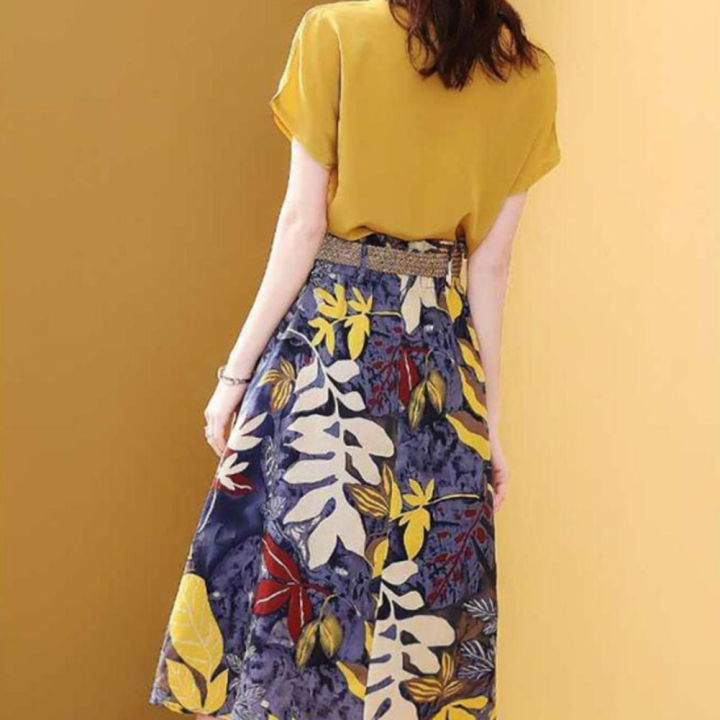 Yfashion%202%20Pcs%20Women%20Skirt%20Suit%20Round%20Neck%20Short%20Sleeve%20T-shirt%20High%20Waist%20Floral%20Skirt%20Leisure%20Clothing%20Set%20color%20-%20Image%206