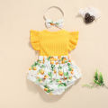 2Pcs Sweet Style Baby Girls Outfit, Toddlers Summer Floral/Lemon/Dot Printing Fly Sleeve Splicing Romper + Bow Headwear Set. 