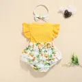 2Pcs Sweet Style Baby Girls Outfit, Toddlers Summer Floral/Lemon/Dot Printing Fly Sleeve Splicing Romper + Bow Headwear Set. 