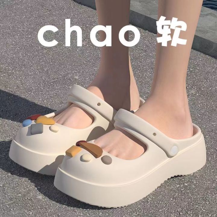 Feeling of Walking on Shit Internet Celebrity Closed-Toe Slippers 2024 New Summer Women's Outdoor Hole Shoes Thick-Soled Non-Slip Beach Shoes