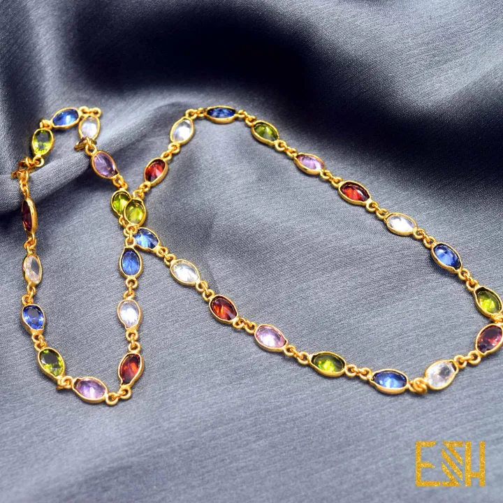 Gold%20plated%20Ladies%2018/24%20Inch%20Chain%20With%20Multi%20Colored%20Oval%20Stone%20chain%20for%20women%20-%20Image%204